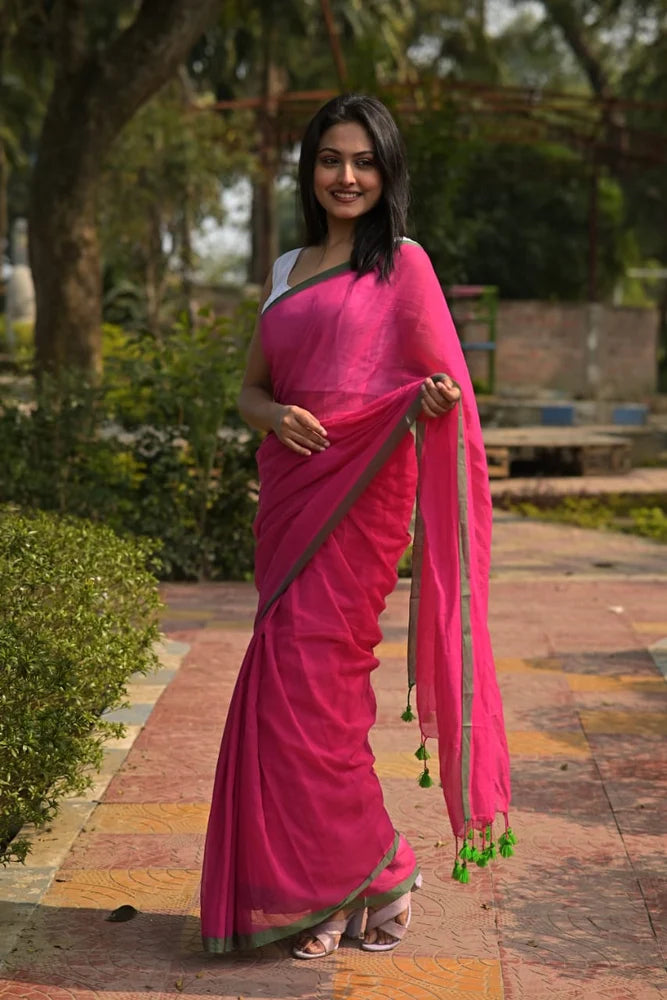 Mulmul Cotton Plain Purple Saree With Tassels