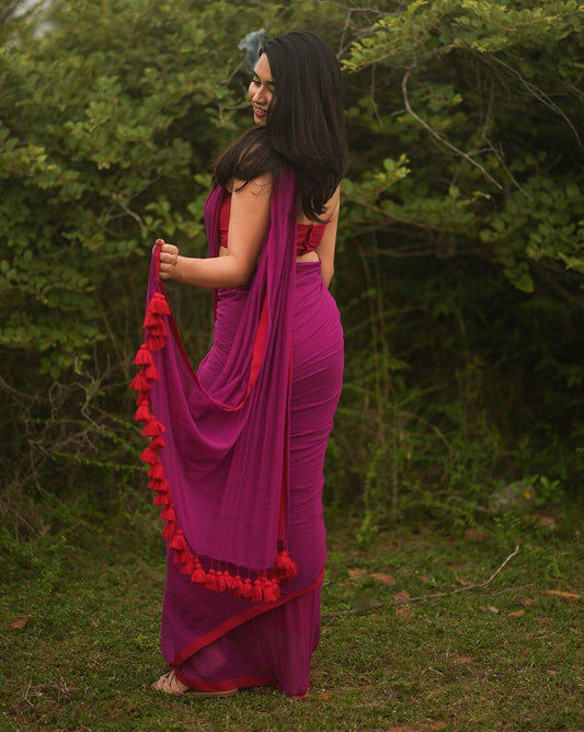 Mulmul Cotton Plain Purple Saree With Tassels