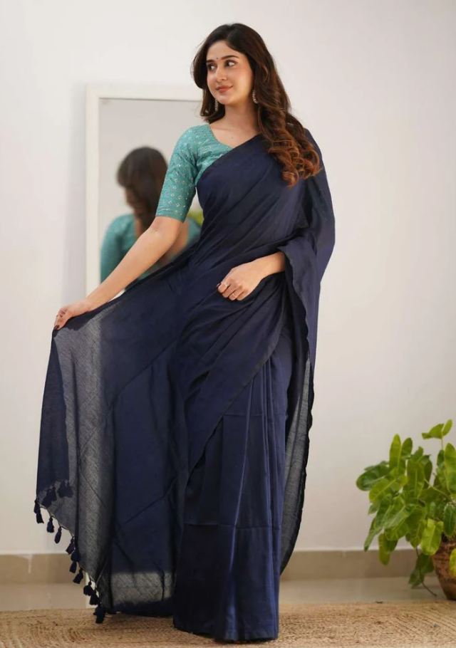 Mulmul Cotton Plain Purple Saree With Tassels