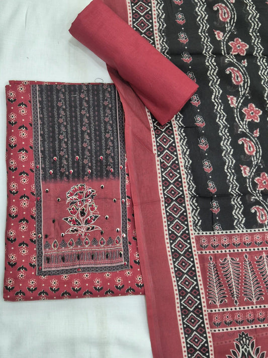 Black Red Ajrakh Cotton Embroidered Set