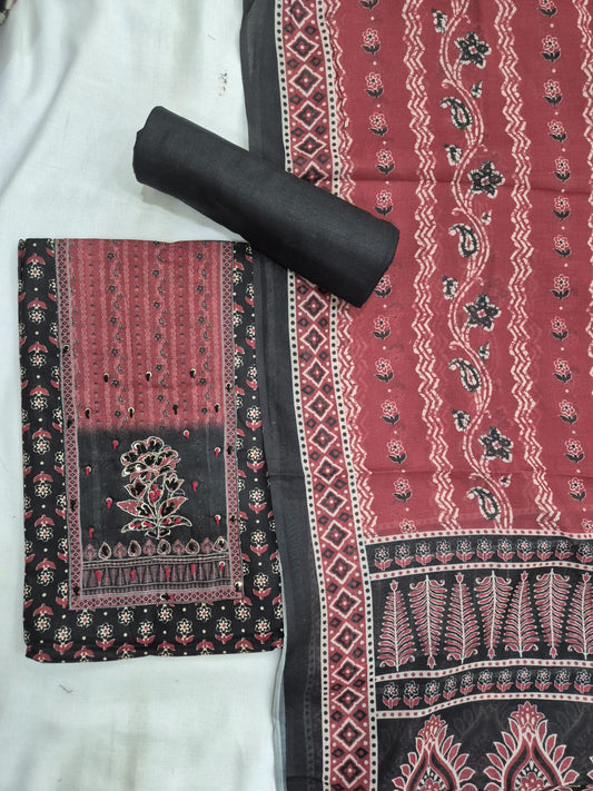 Black Red Ajrakh Cotton Embroidered Set